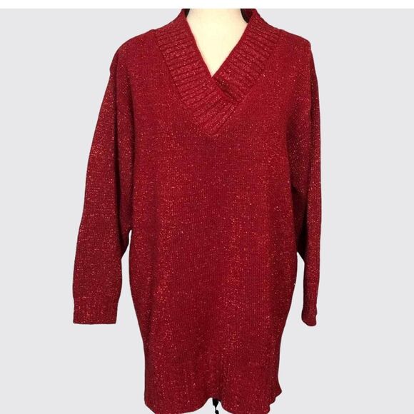 Diane Von Furstenberg Sweater Large Red Shimmery Long Sleeve V-Neck Vintage - Picture 1 of 6